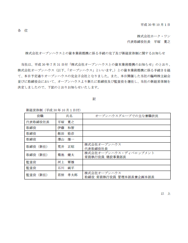 株式会社オープンハウスとの資本業務提携に係る手続の完了及び新経営体制に関するお知らせ
